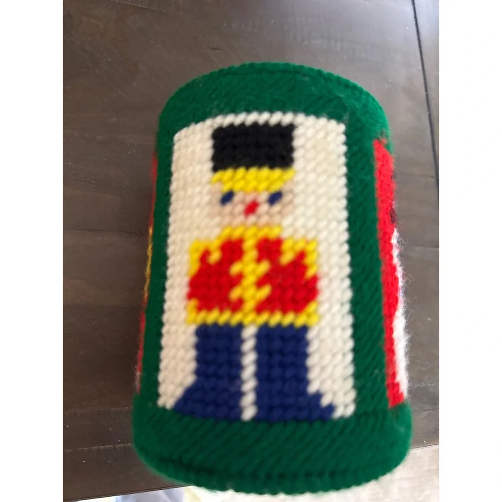 Vintage 1981 Handmade Needlepoint Christmas Snowman Angel Toy Soldier Green Cozy